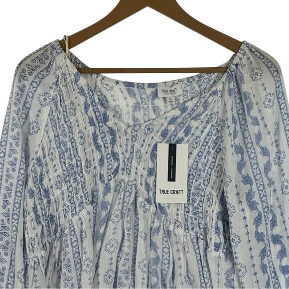 NWT True Craft Blouse Womens XL Blue Boho Cottagecore Geometric Peplum Peasant - Picture 2 of 6